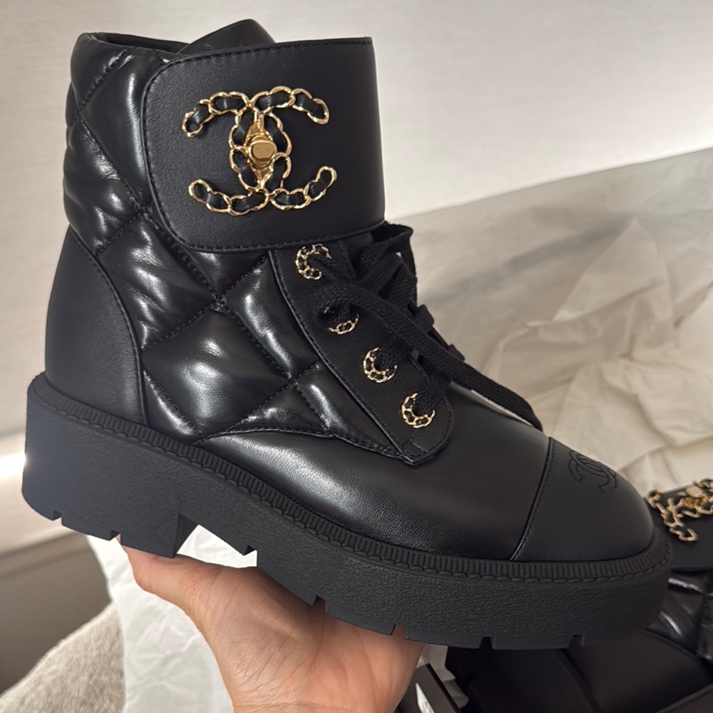 - CHANEL Lambskin & Calfskin Combat Boots/Glossy Leather